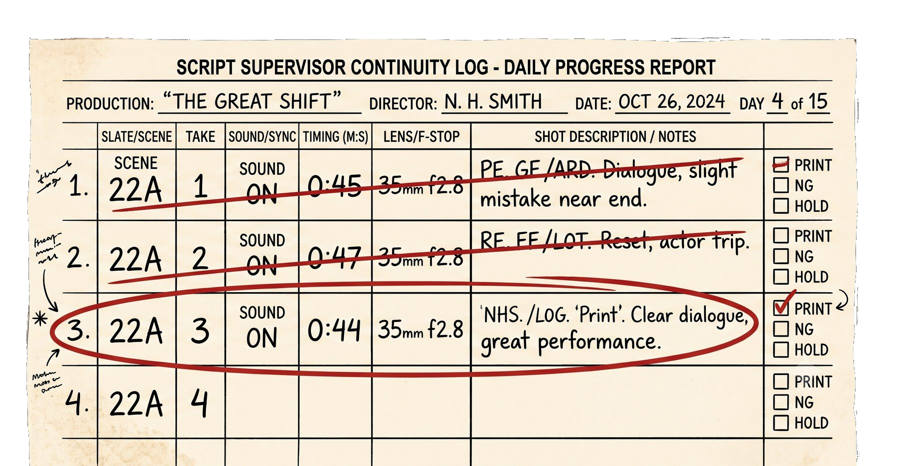 A film set's continuity log. Take 1 is struck through: a slight mistake near the end. Take 2 is struck through: a reset. Take 3 is circled: clear dialogue, great performance.