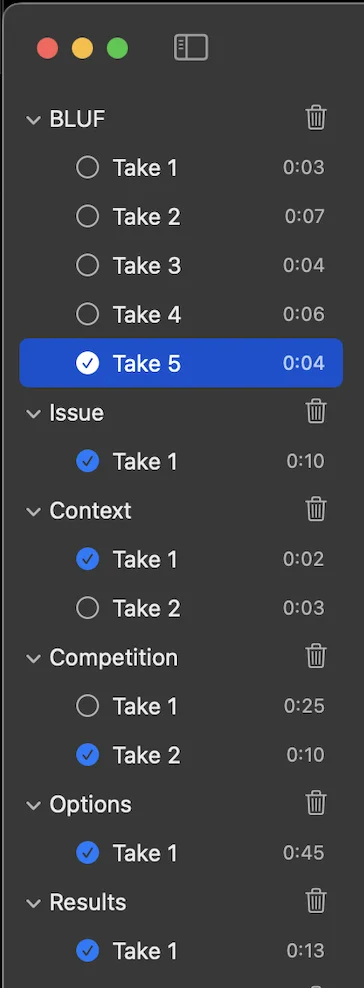 The One More Take scene list: each scene holds its takes, with a checkmark on the chosen one.