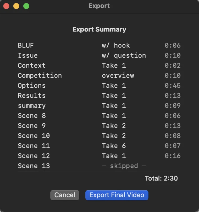 The export summary listing each scene's selected take and the total length.