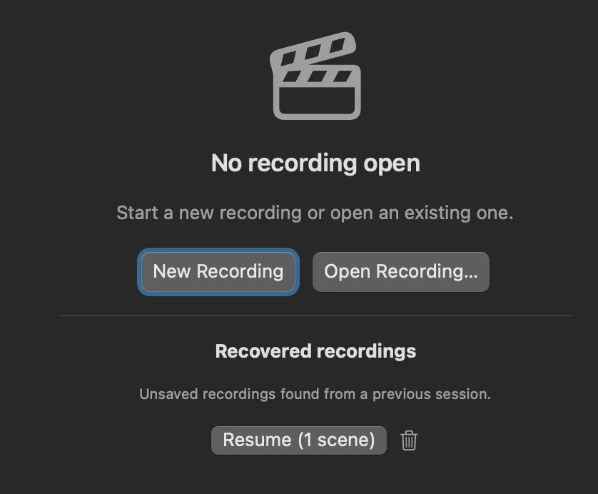 The start window offering to resume a recording recovered from a previous session.
