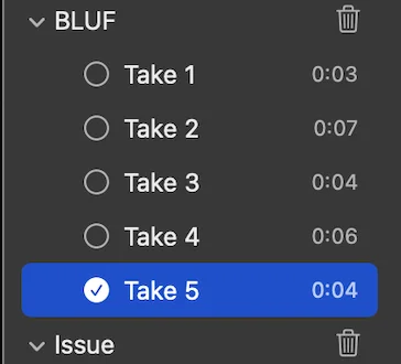 One scene holding five takes, the best one selected.