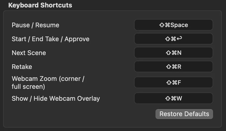 The keyboard shortcuts settings: pause, end take, next scene, retake and webcam controls.